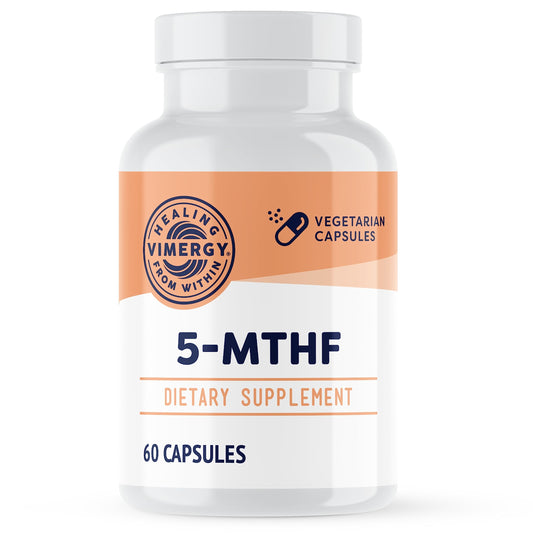 Vimergy 5-MTHF capsules bottle on a counter for daily brain and energy support.