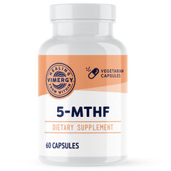 Vimergy 5-MTHF capsules bottle on a counter for daily brain and energy support.