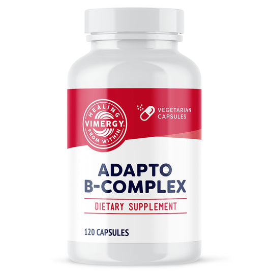 Vimergy Adapto B Complex bottle label shows active B vitamins for daily energy.