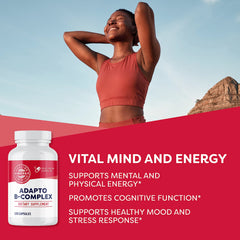 Close-up of Adapto B Complex capsules highlighting bioavailable B vitamins.