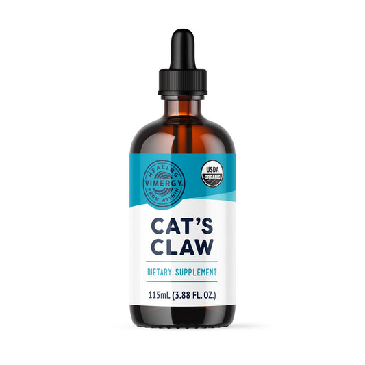 Vimergy Cats Claw Liquid bottle pour for easy daily use and potential antioxidant benefits