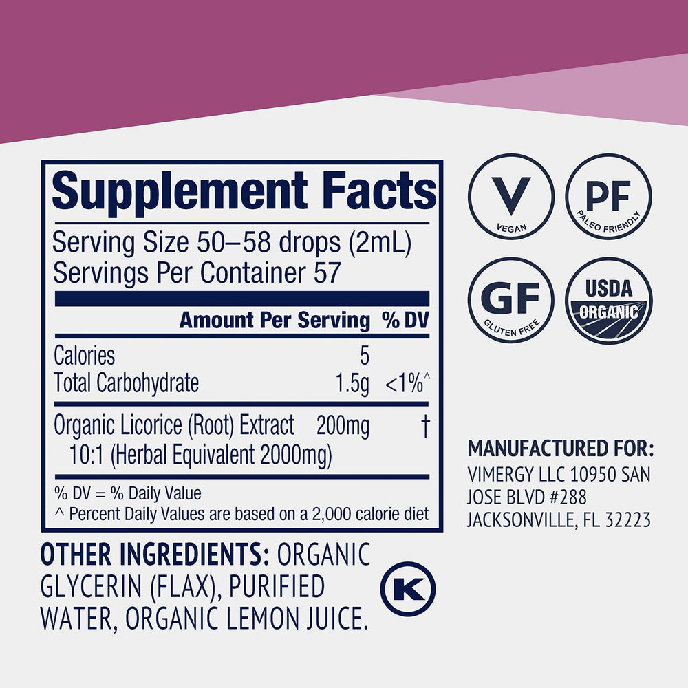 Vimergy licorice label close-up highlighting organic certification