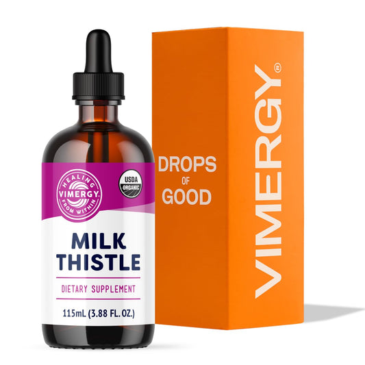 Vimergy Milk Thistle bottle pour, showcasing 20x potency for daily liver support