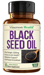Vimerson Health Black Seed Oil bottle on shelf supports daily wellness and antioxidant intake.