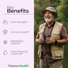 Vimerson Health Black Seed Oil capsules close-up showing high 1500mg serving for immune support.