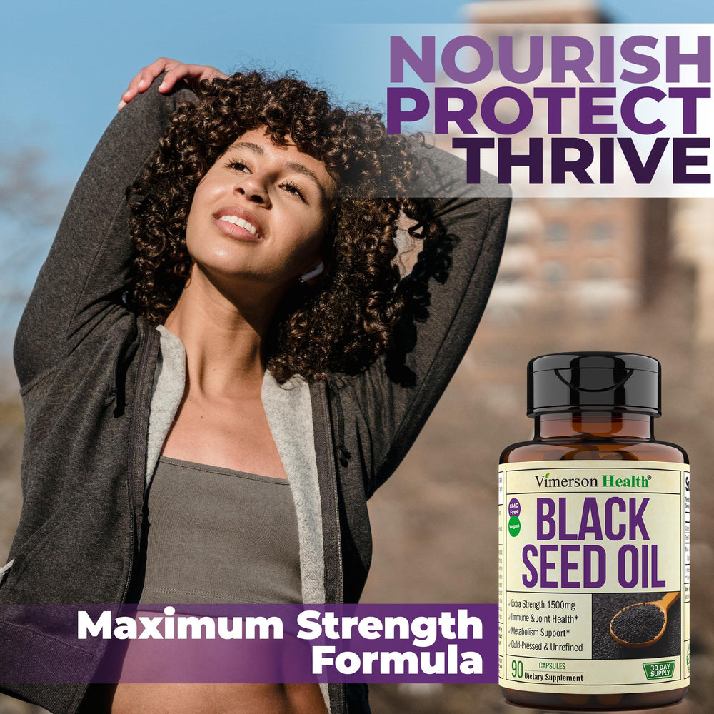 Vimerson Health Black Seed Oil bottle shown at nightstand for routine skin and hair care.