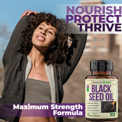 Vimerson Health Black Seed Oil bottle shown at nightstand for routine skin and hair care.