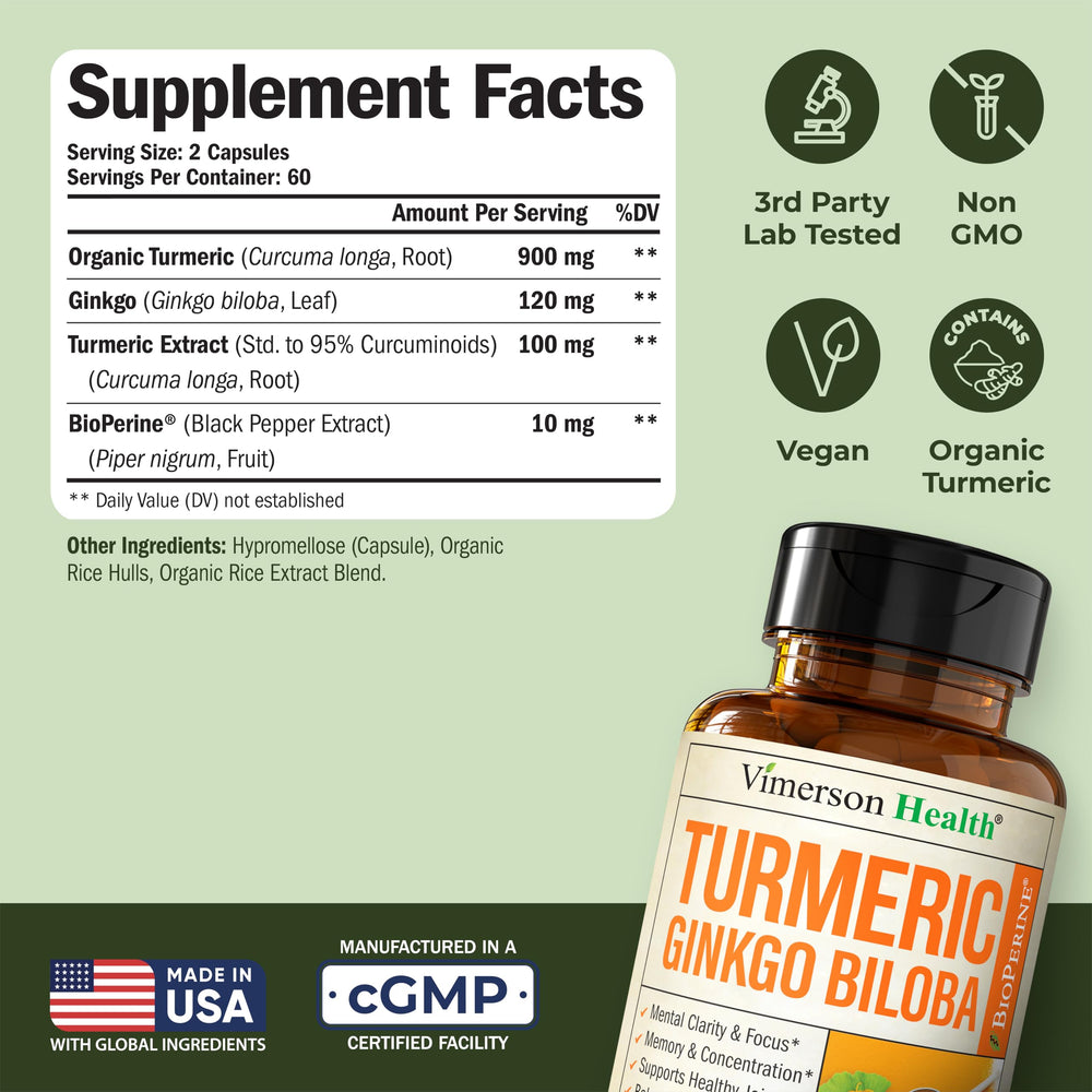 Vimerson Health bottle label close-up showing vegan turmeric blend