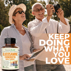 Bathroom shelf featuring Vimerson Health glucosamine-chondroitin-msm daily use.