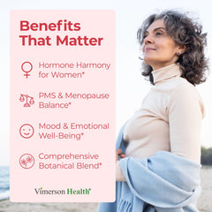 Vimerson Health Hormone Harmony bottle pour demonstrates easy daily dosing for steady energy.