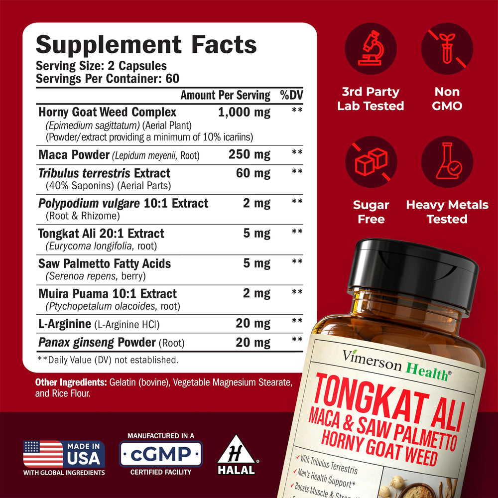 Vimerson Health HornyGoatWeed ingredients feature maca and tongkat to support energy.