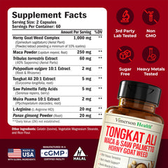 Vimerson Health HornyGoatWeed ingredients feature maca and tongkat to support energy.