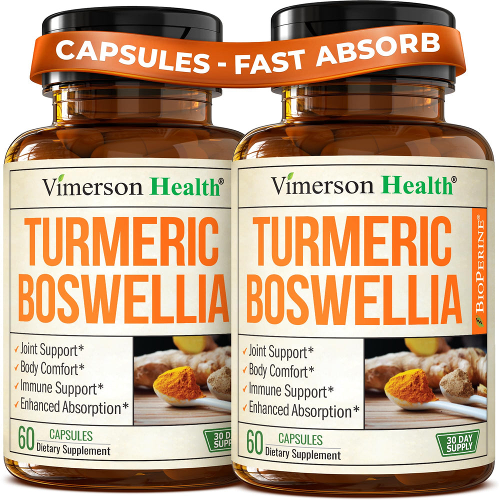 Vimerson Health turmeric-boswellia supplement bottle for daily joint comfort and movement.