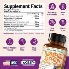 Vimerson Health turmeric-curcumin capsules with cinnamon on white background for joint comfort.