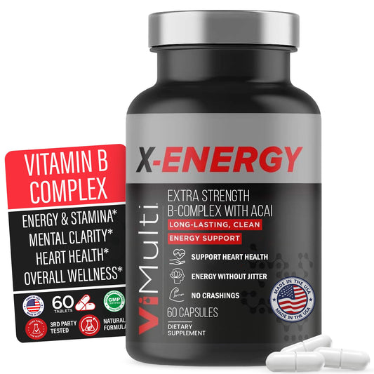 vimulti X-Energy bottle front, ideal for busy mornings and sustained energy.