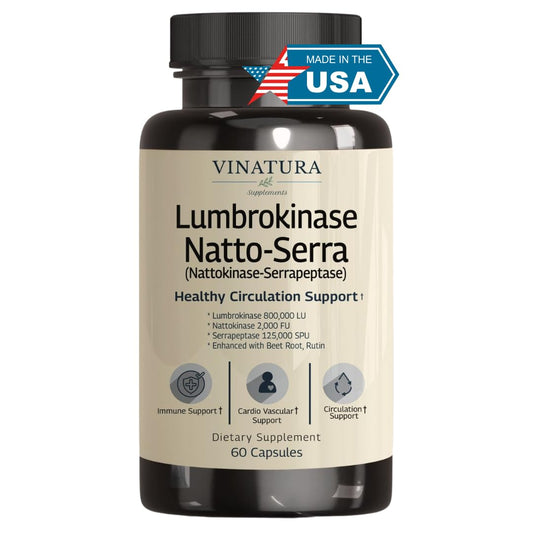 VINATURA bottle front label highlights nattokinase, lumbrokinase, and serrapeptase for circulation support.