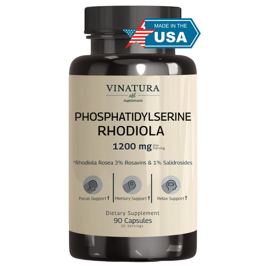 VINATURA bottle front view highlighting the brain-boosting PS and Rhodiola blend.