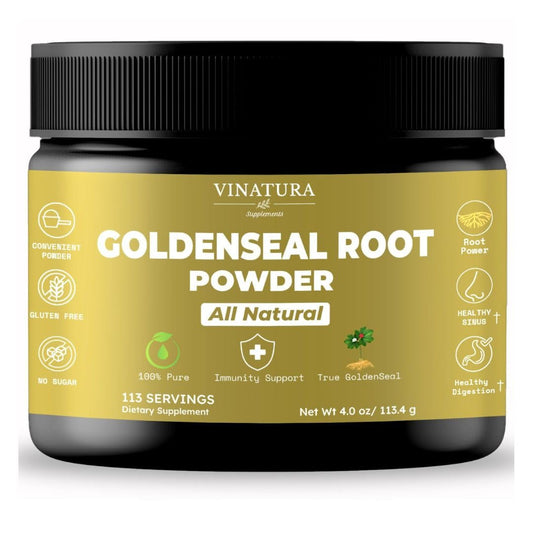 VINATURA Goldenseal Powder jar shows pure, natural powder for daily wellness rituals.