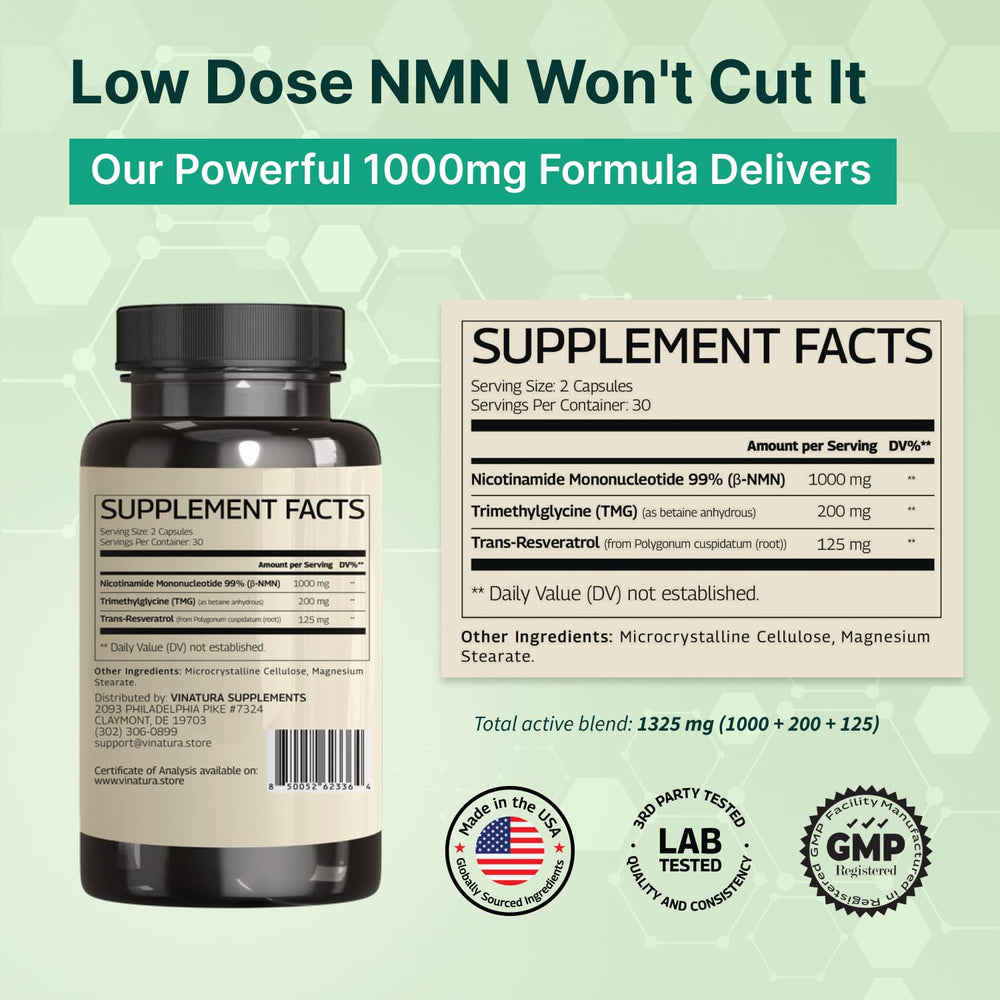 Close-up of VINATURA NMN Complex capsules highlighting vegan, gluten-free formulation