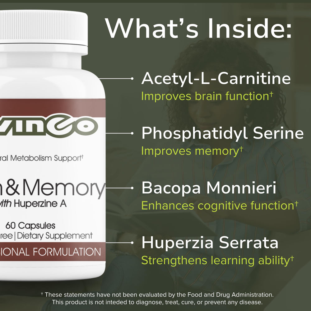 Vinco Brain & Memory label close-up showing amino acids and extracts.