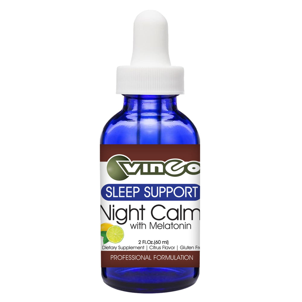 Vinco Night Calm bottle promotes restful sleep with melatonin and soothing ingredients.