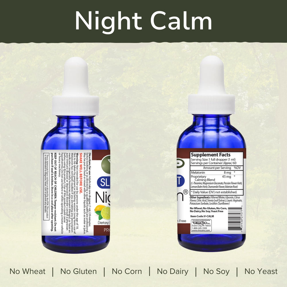 Vinco Night Calm label closeup highlights vegetarian, gluten-free formulation for daily calm.