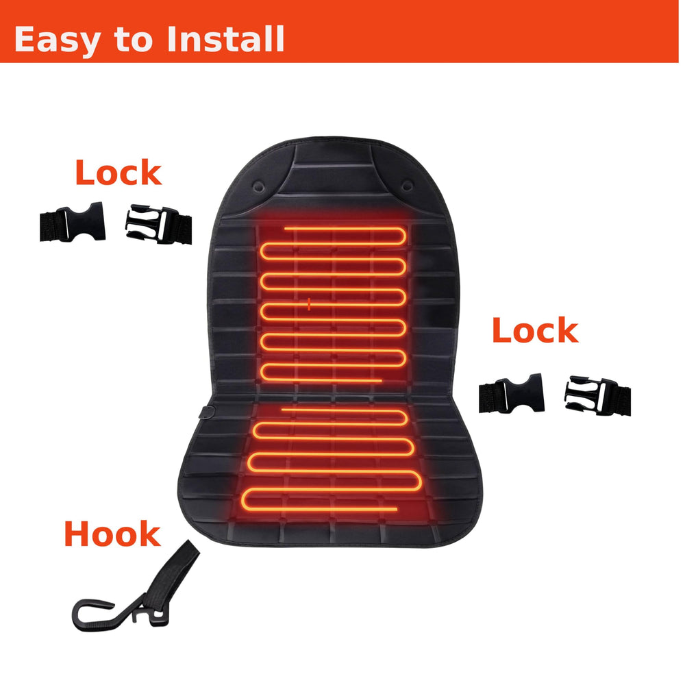 Vindobil heated seat cover in use on a car seat for winter driving comfort.