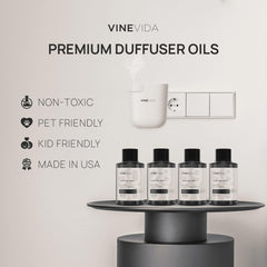 VINEVIDA diffuser oil bottle close-up highlights premium formula and clarity.