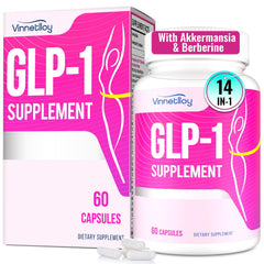 VINNETLLOY GLP-1 supplement bottle front shows vegan capsules for daily wellness support.