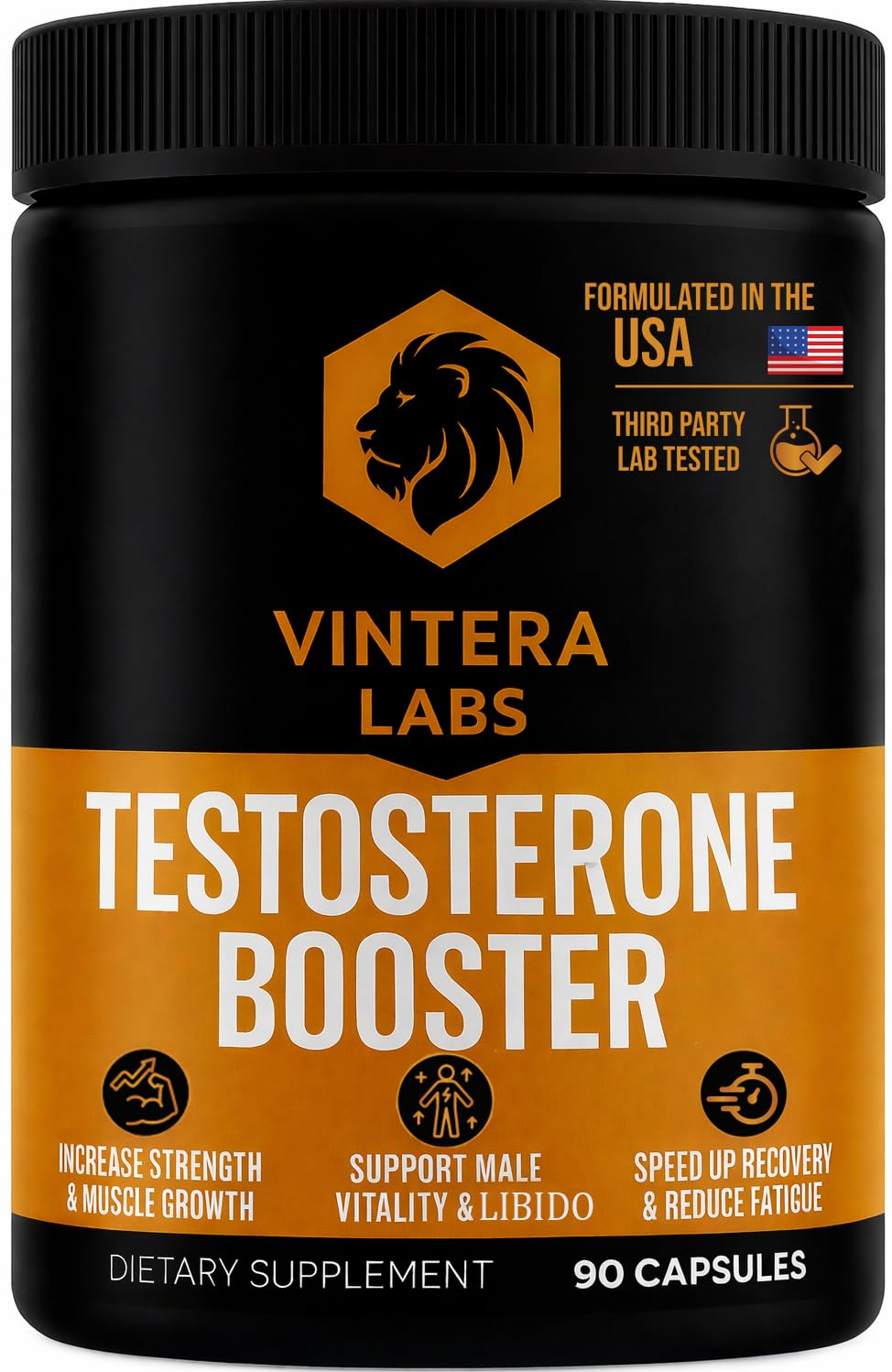 VINTERA LABS Testosterone Booster bottle on shelf highlighting sturdy packaging for daily use