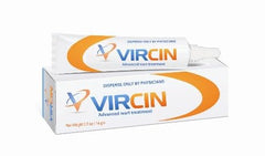 VIRCIN bottle label showing advanced wart treatment for at-home use and clear instructions.