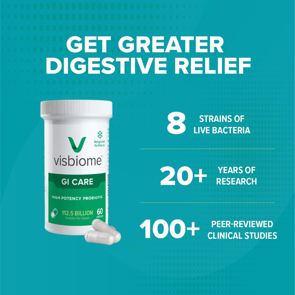 Visbiome GI Care bottle side lists strains and De Simone formulation for trusted probiotic care.