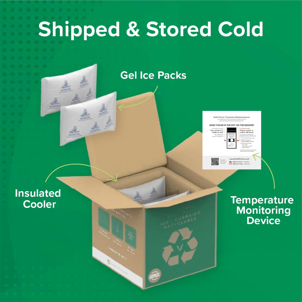 Visbiome GI Care insulated cooler illustrates cold shipping to preserve potency.