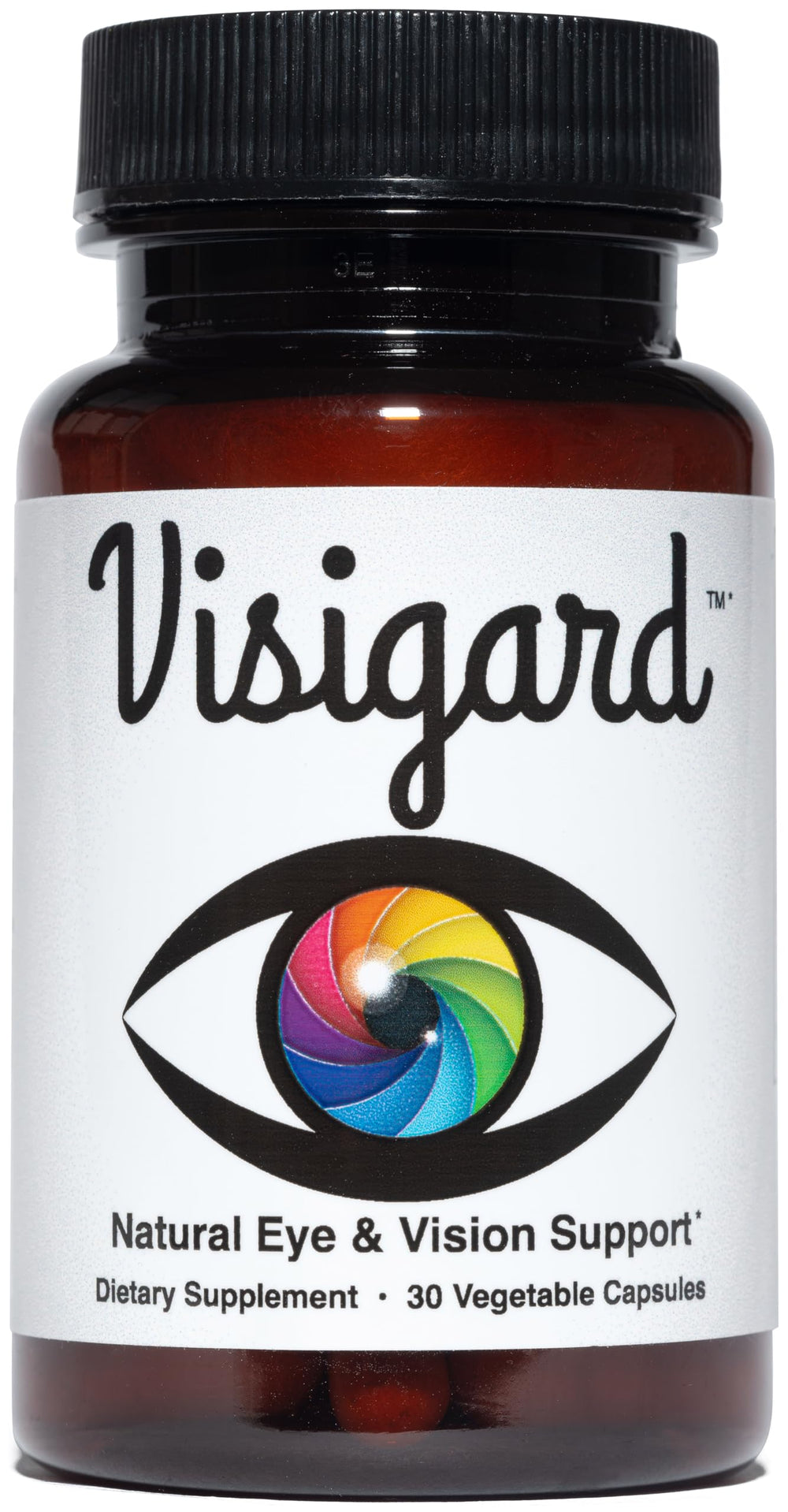 Visigard eye health supplement bottle highlighting natural ingredients.