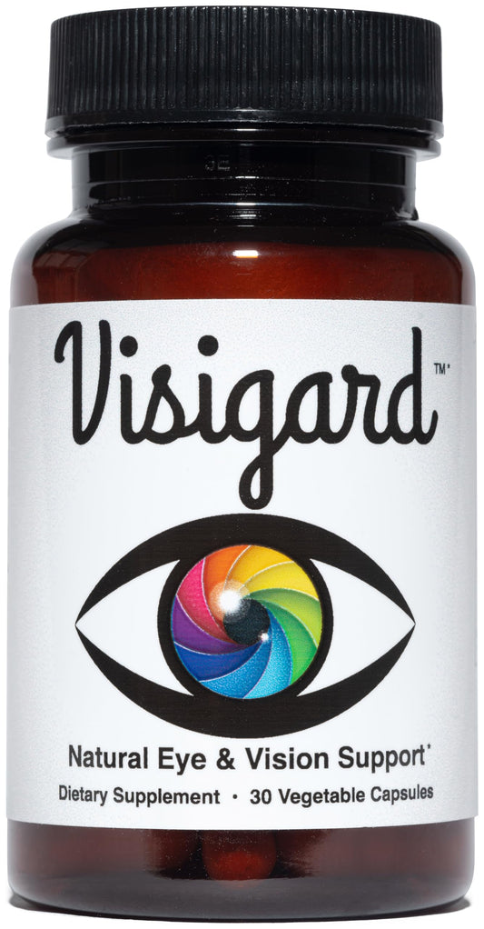 Visigard eye health supplement bottle highlighting natural ingredients.