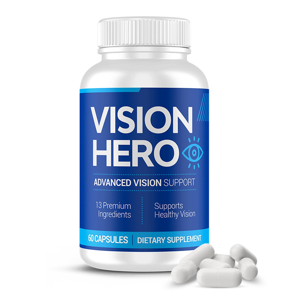 Vision Hero Advanced Vision Support bottle on a desk shows daily eye health support