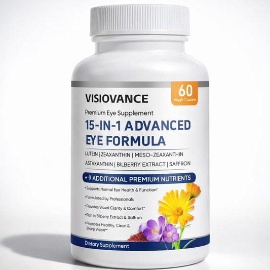 VISIOVANCE 15-in-1 bottle pour showing convenient daily eye nutrition for screen time