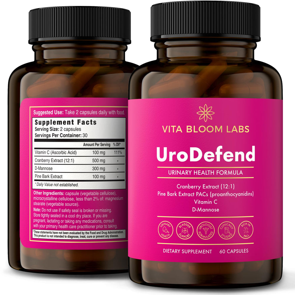 Vita Bloom Labs UroDefend bottle front view with 60 capsules for daily support.