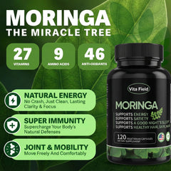 Vita Field Moringa label close-up emphasizing purity and third-party testing.