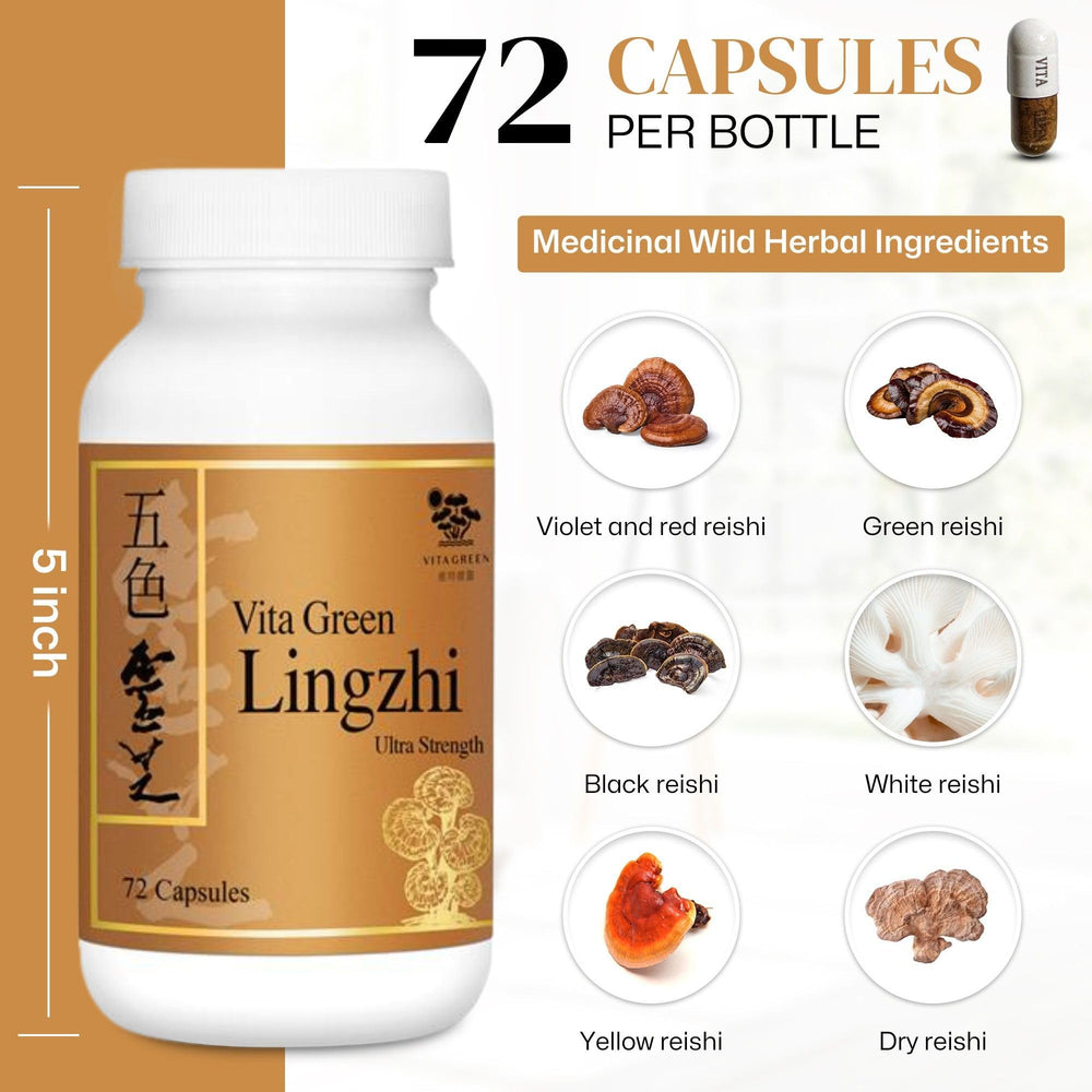 Vita Green Lingzhi immune-support capsules on a clean shelf.