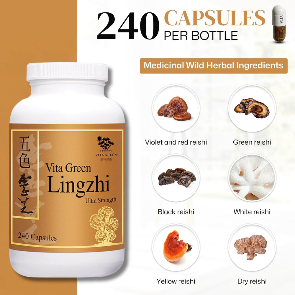 Vita Green Lingzhi mushrooms visual focus emphasizing natural antioxidants