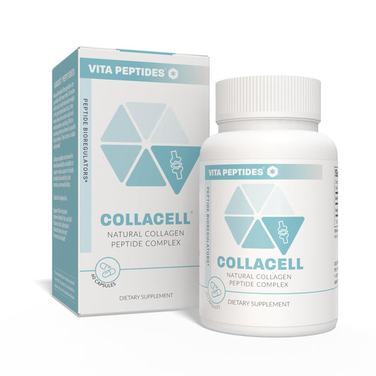 Vita Peptides Collacell bottle label highlighting natural peptides for skin hydration.