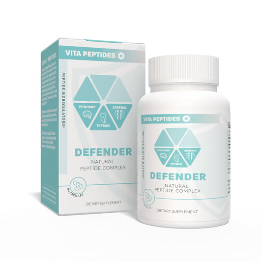 Vita Peptides Defender bottle label shows natural peptide bioregulators for targeted gland support.