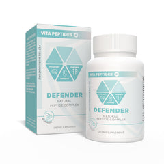 Vita Peptides Defender bottle label shows natural peptide bioregulators for targeted gland support.