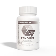 Close-up of Renolux bottle with label, suggesting daily fluid balance support.