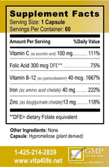 Capsule closeup shows easy-to-swallow form of Vita4Life Iron Support Plus