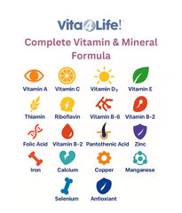 Vita4Life label detailing 50+ nutrients for balanced daily nutrition.