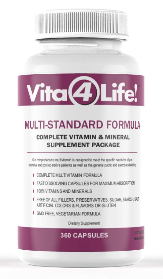 Vita4Life Multi-Standard bottle label highlights 50+ nutrients for daily wellness.