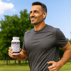 Vita4Life bottle with 360 capsules neatly arranged for daily use.