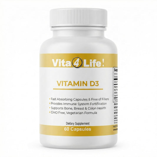 Vita4Life bottle front shows D3, K2, and magnesium for daily immune and bone support